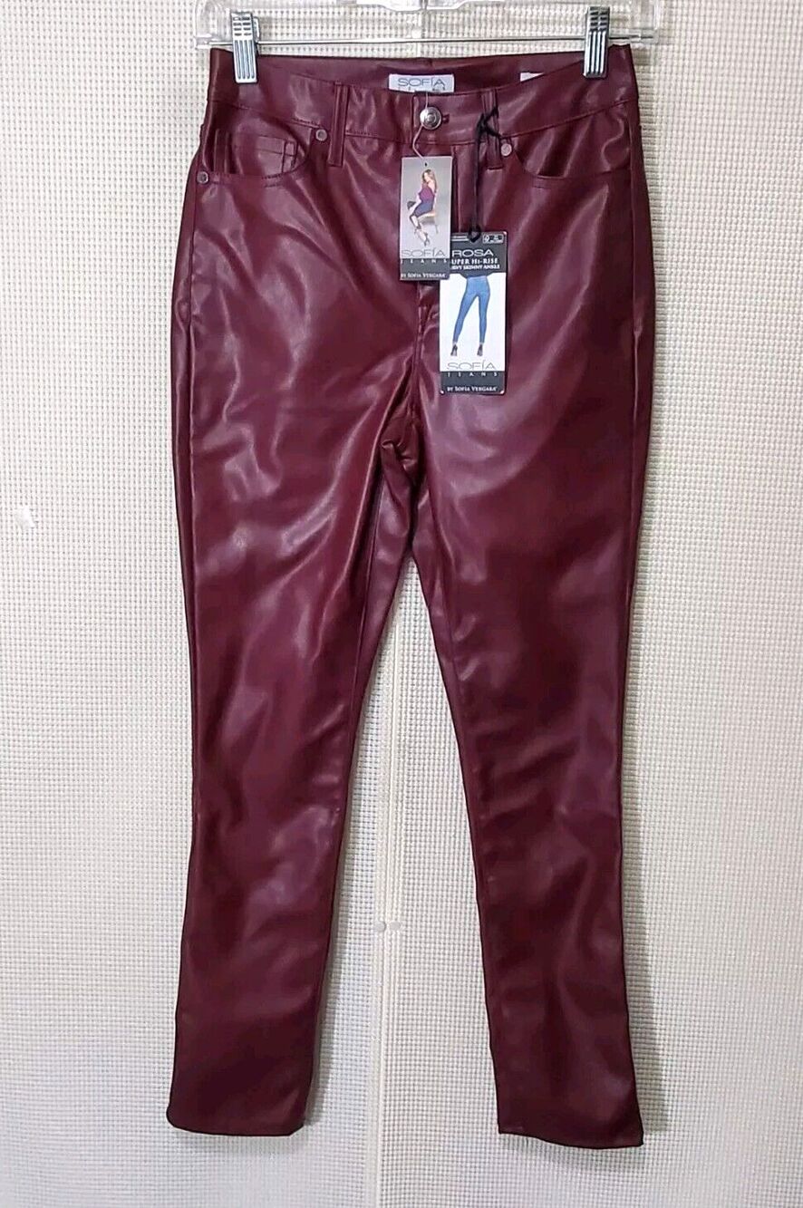 Sofia Vergara Jeans Women 00 Rosa Curvy Skinny Ankle Faux Leather Pants Burgandy